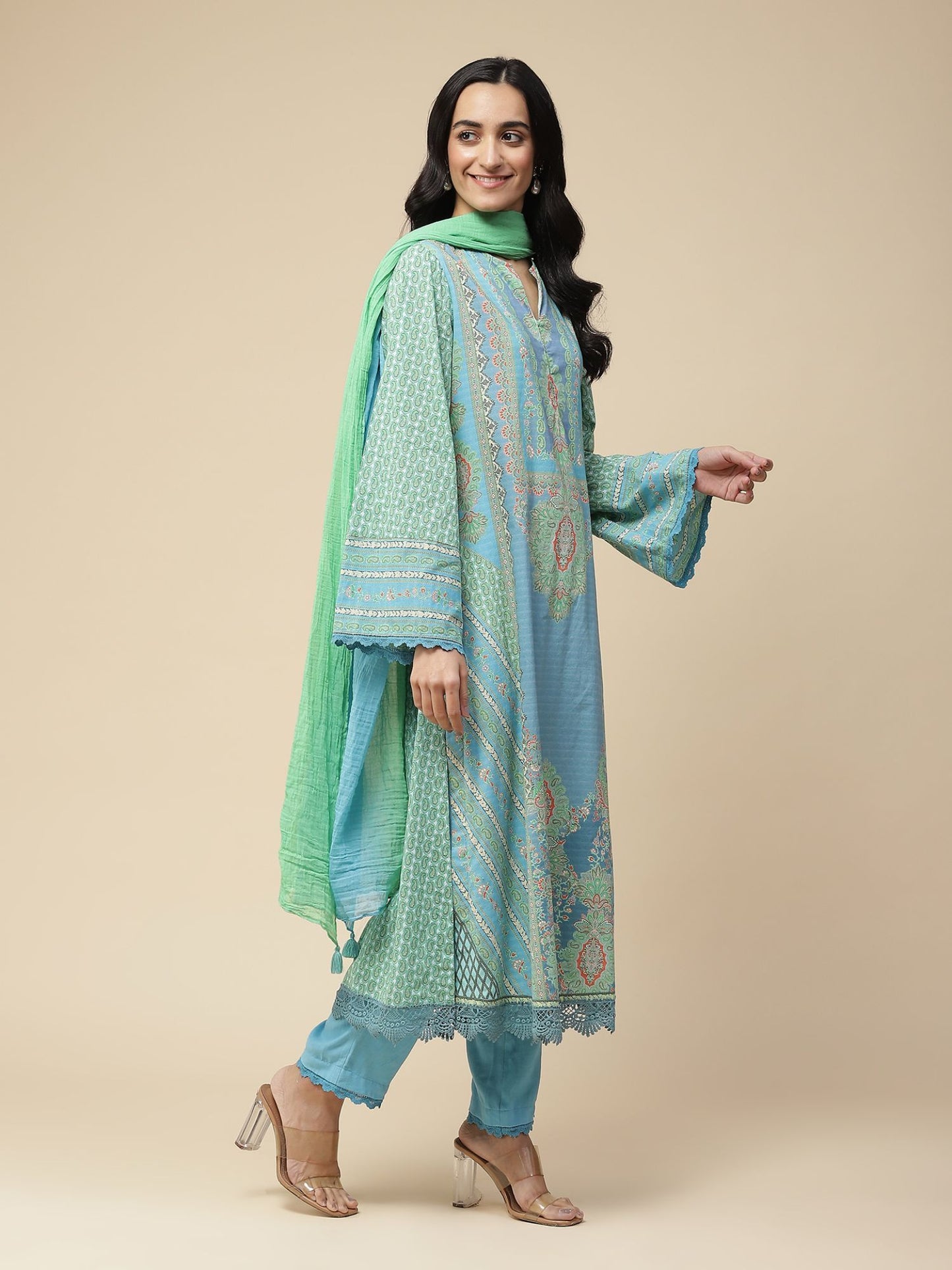 Blue Printed Kurta with Pant &amp; Dupatta (Set of 3)