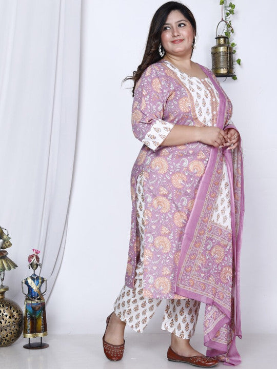 Swasti Plus Size Floral Printed Regular Pure Cotton Kurta With Trousers & Dupatta