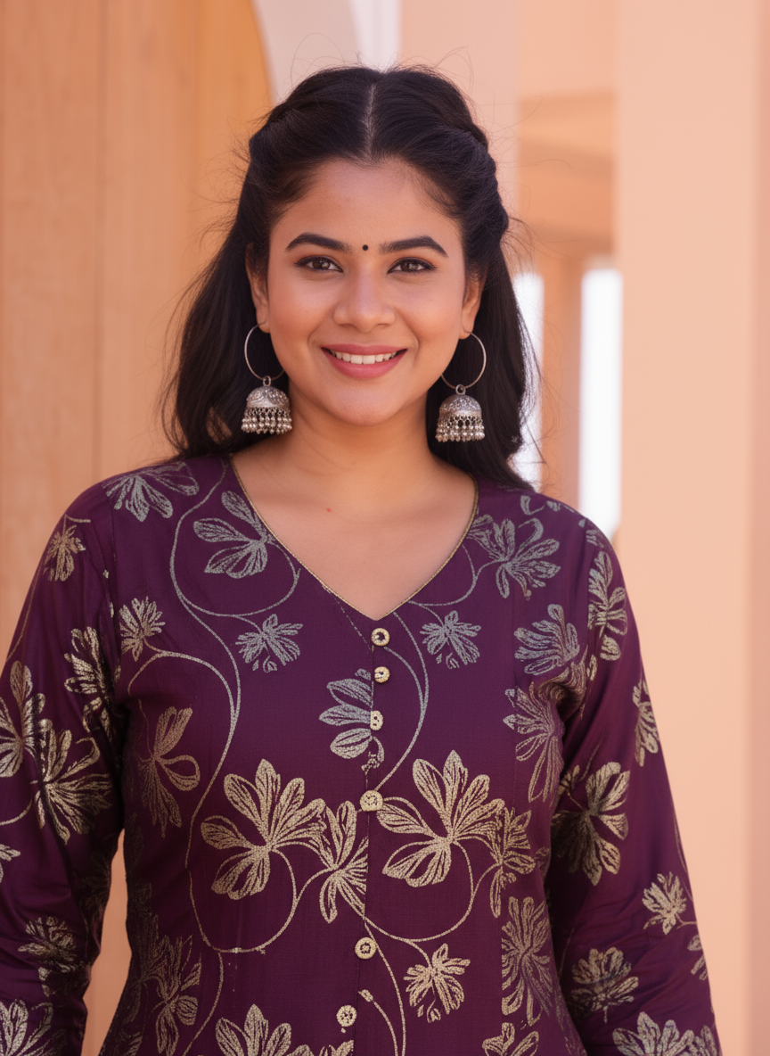 Chanderi Gold foil Flared Purple Kurta