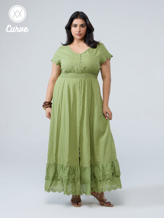 Curve Light Green Round Neck Front Slit Schiffli Midi Dress