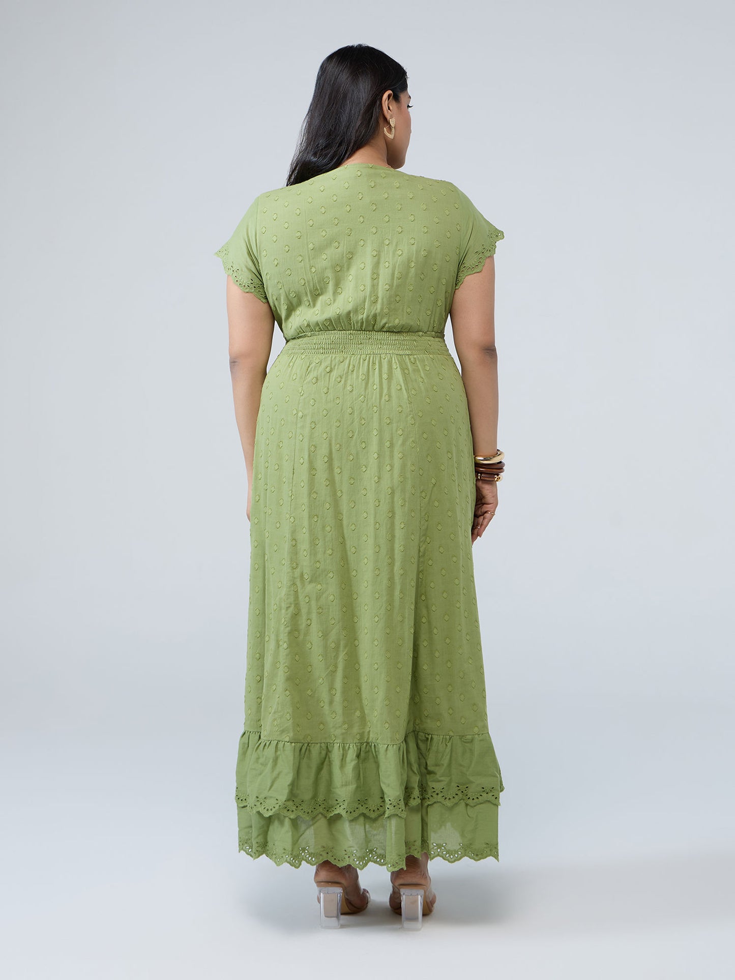 Curve Light Green Round Neck Front Slit Schiffli Midi Dress