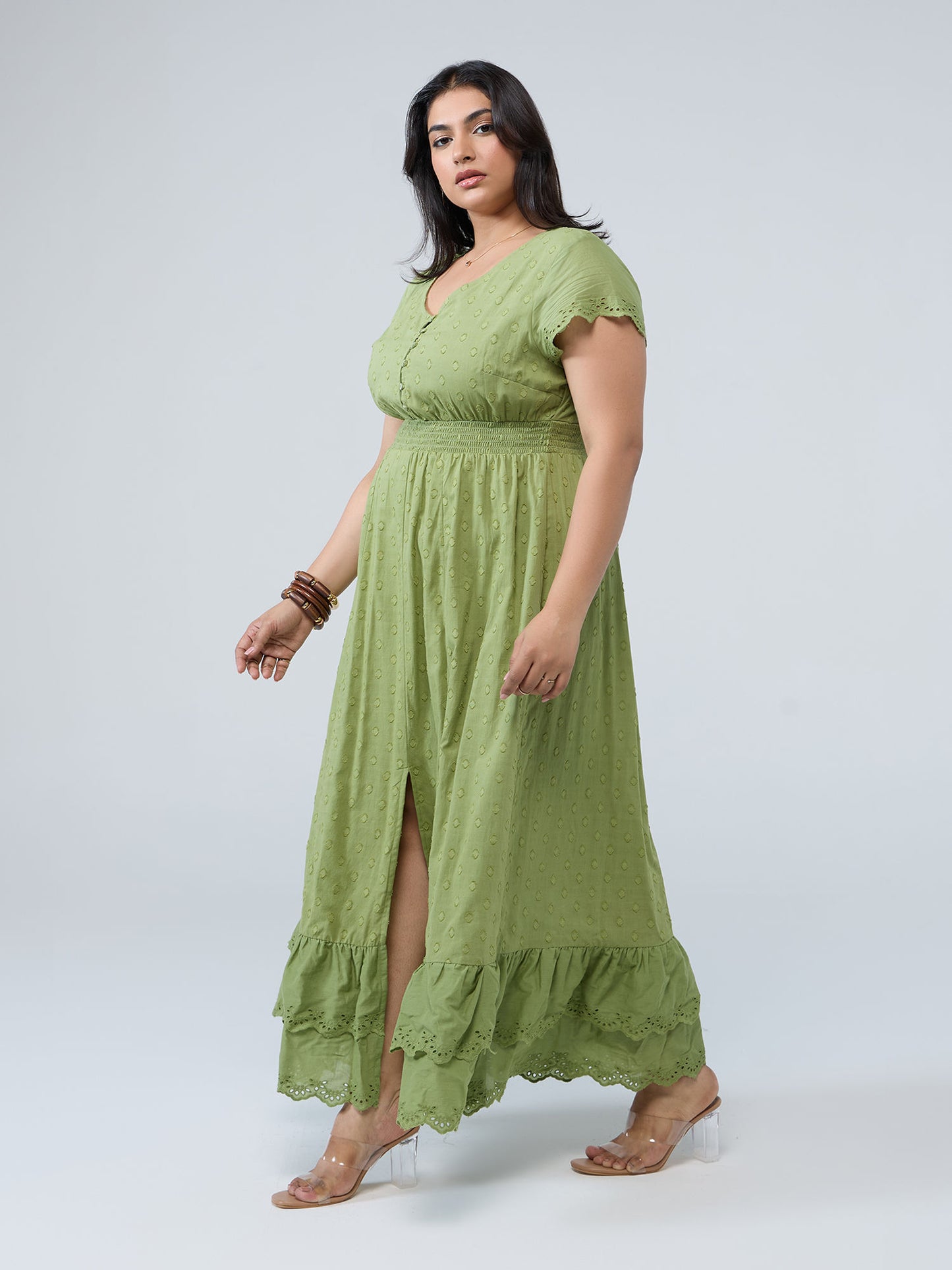 Curve Light Green Round Neck Front Slit Schiffli Midi Dress