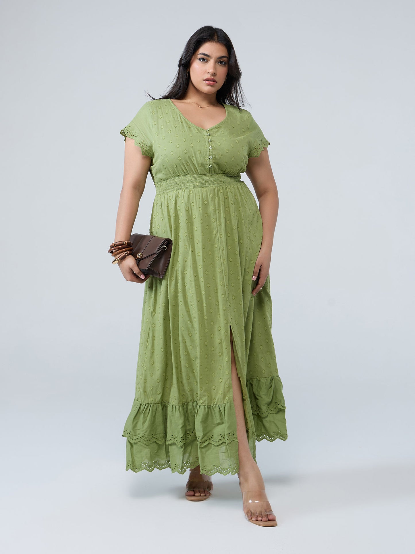 Curve Light Green Round Neck Front Slit Schiffli Midi Dress