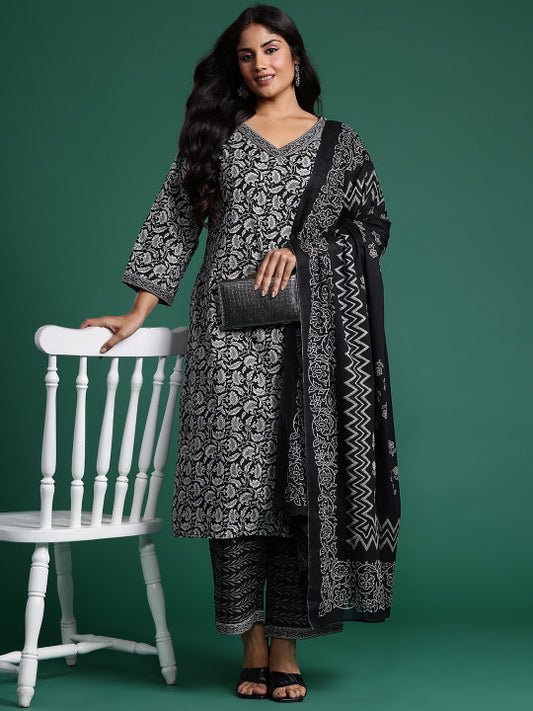 Indo Era Plus Size Floral Printed Pure Cotton Kurta with Trousers & With Dupatta