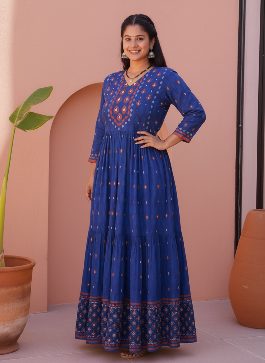 Viscose Placement Print Anarkali Blue Dress