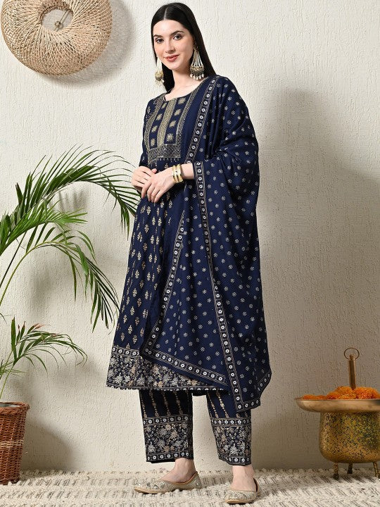 VIDHANI Women Floral Embroidered Panelled Kurta with Trousers & With Dupatta