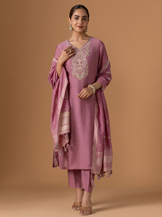 WOMEN PLUS Ethnic Motifs Embroidered Straight Kurta with Trousers & Dupatta