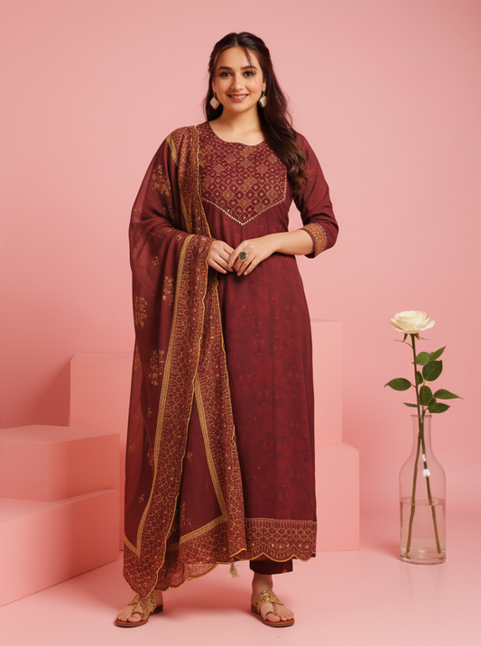 Viscose Floral Anarkali Maroon Kurta