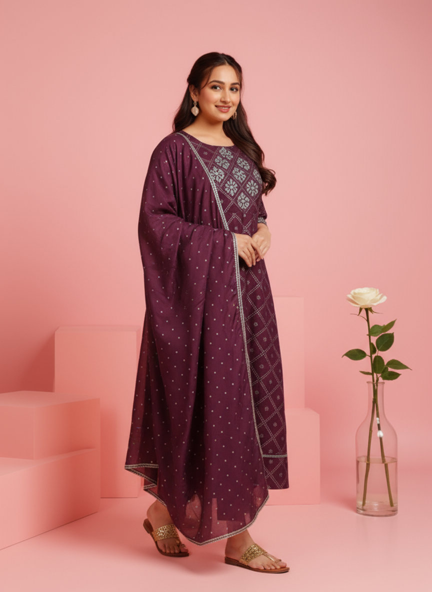 Embroidered Roman silk Bandhani Anarkali Purple Kurta