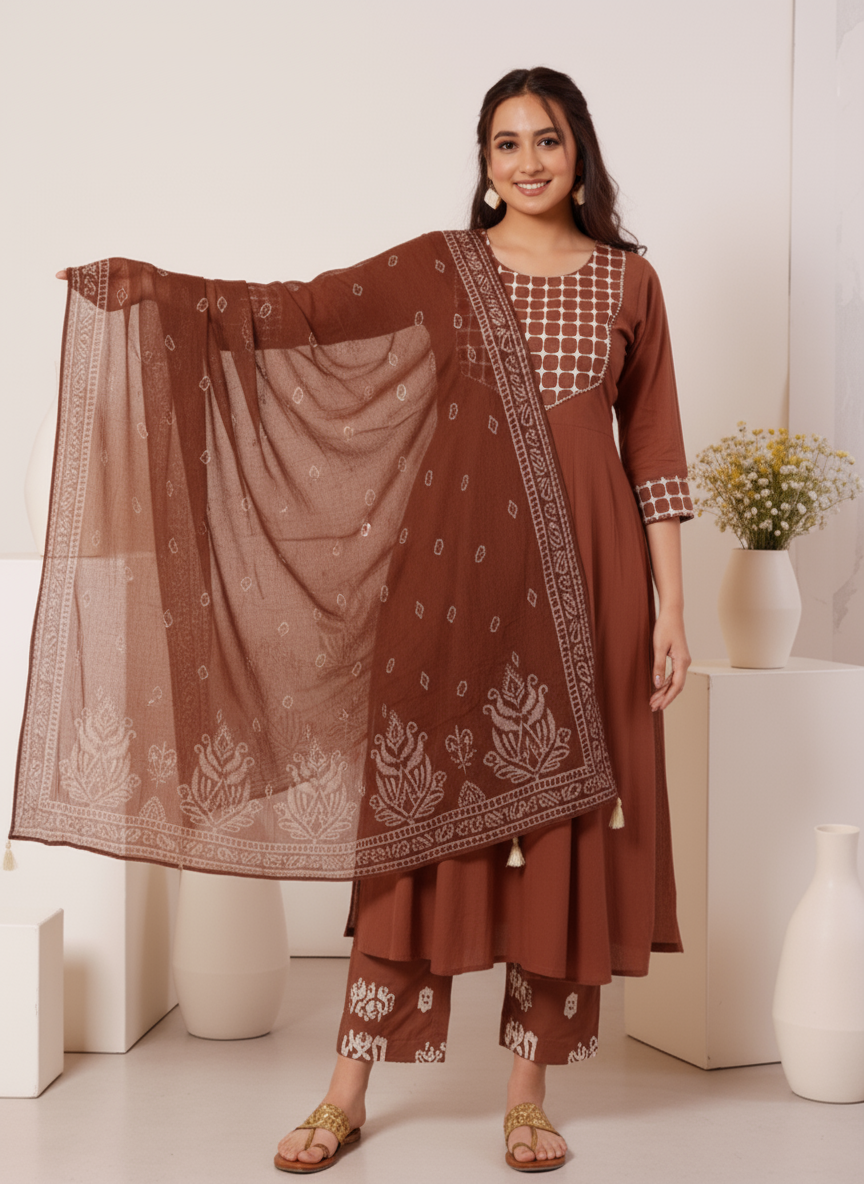 Embroidered Soft Cotton Solid Anarkali Rust Kurta