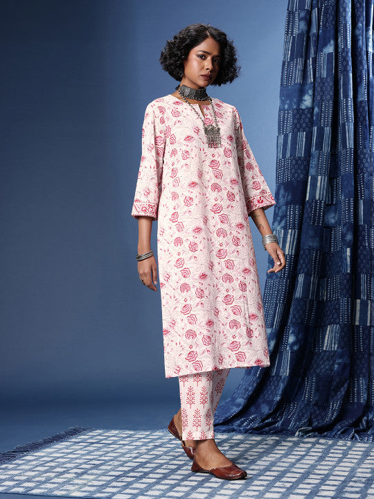 Taavi Block Print Legacy Pure Cotton Floral Printed Kurta With Trousers & With Dupatta