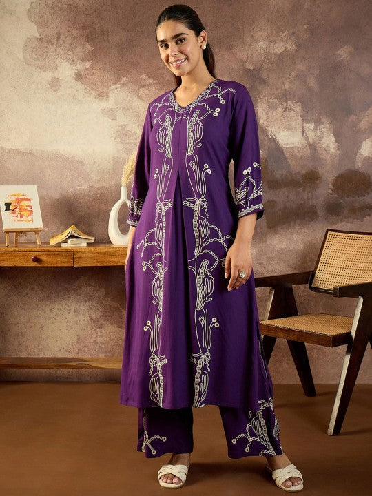 Indo Era Printed V-Neck Tunic With Trousers