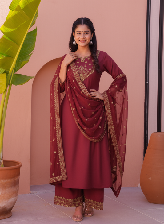 Embroidered Linen Cotton Solid Straight Rust Kurta