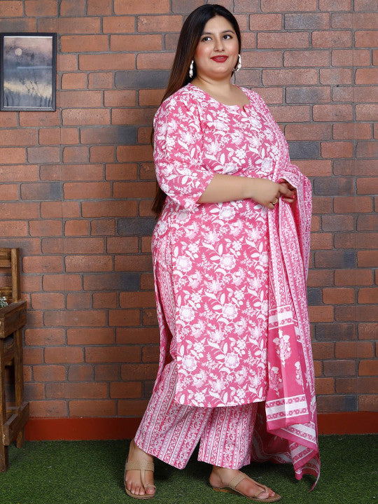 Swasti Women Floral Printed Regular Sequinned Pure Cotton Kurta with Trousers & With Dupatta