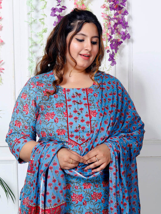 Swasti Plus Size Floral Printed Sequinned Pure Cotton Kurta With Trouser & Dupatta