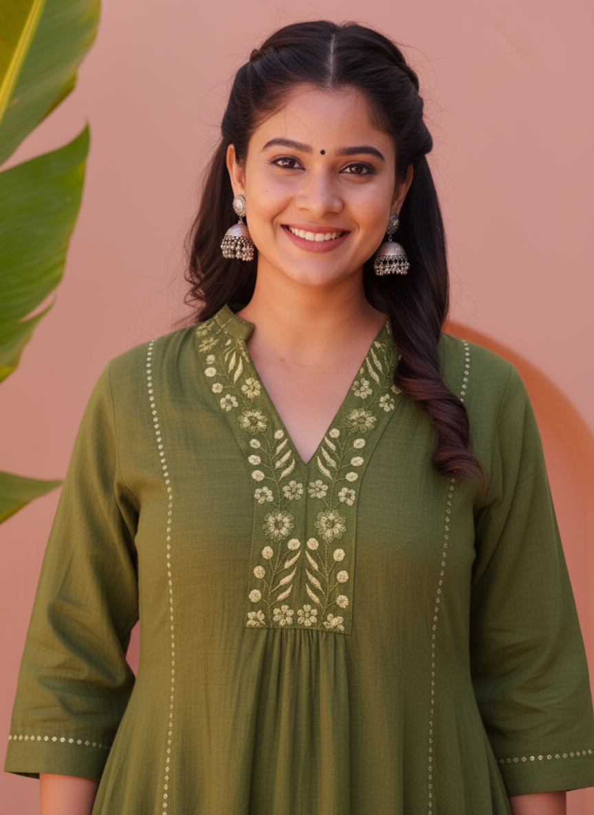 Embroidered Roman silk Flared Kurta