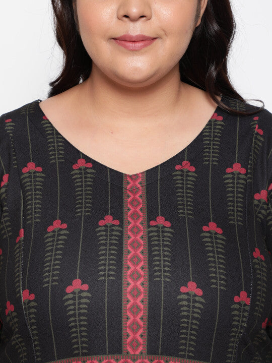 Amydus Plus Size Black & Red Ethnic Motifs Maxi Dress