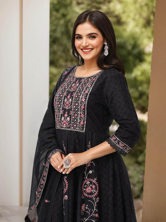 Ishin Ethnic Motifs Embroidered Pure Cotton A-Line Kurta With Trousers & Dupatta