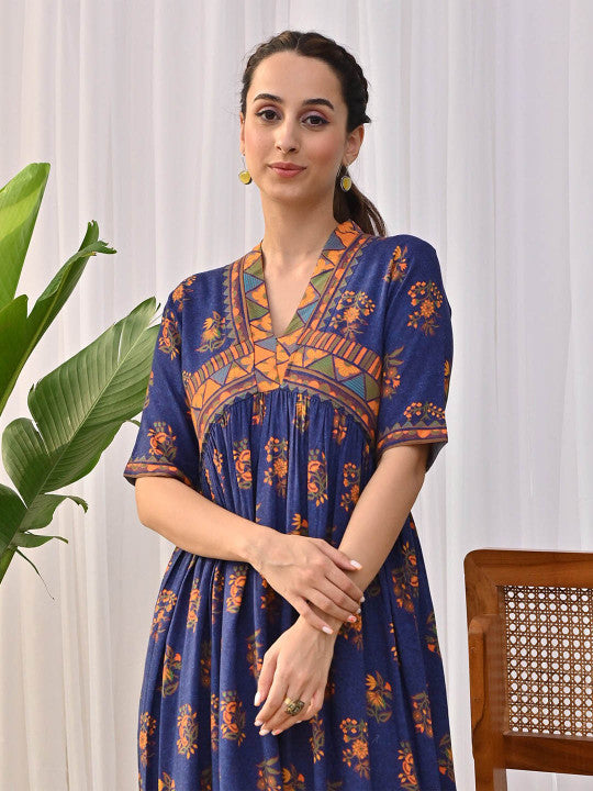 Floral Printed V-Neck Gathered A-Line Midi Ethnic Dress