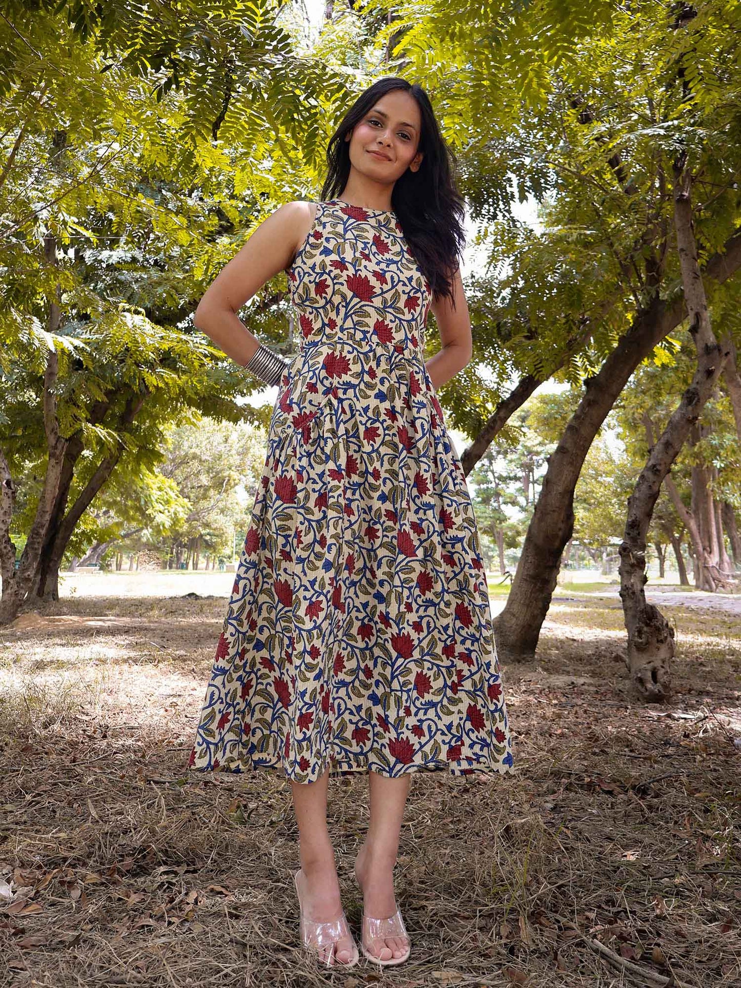 Printed Fit and Flare Cotton Midi Dress