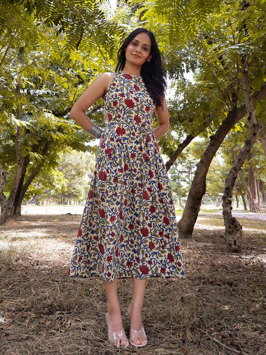 Printed Fit and Flare Cotton Midi Dress