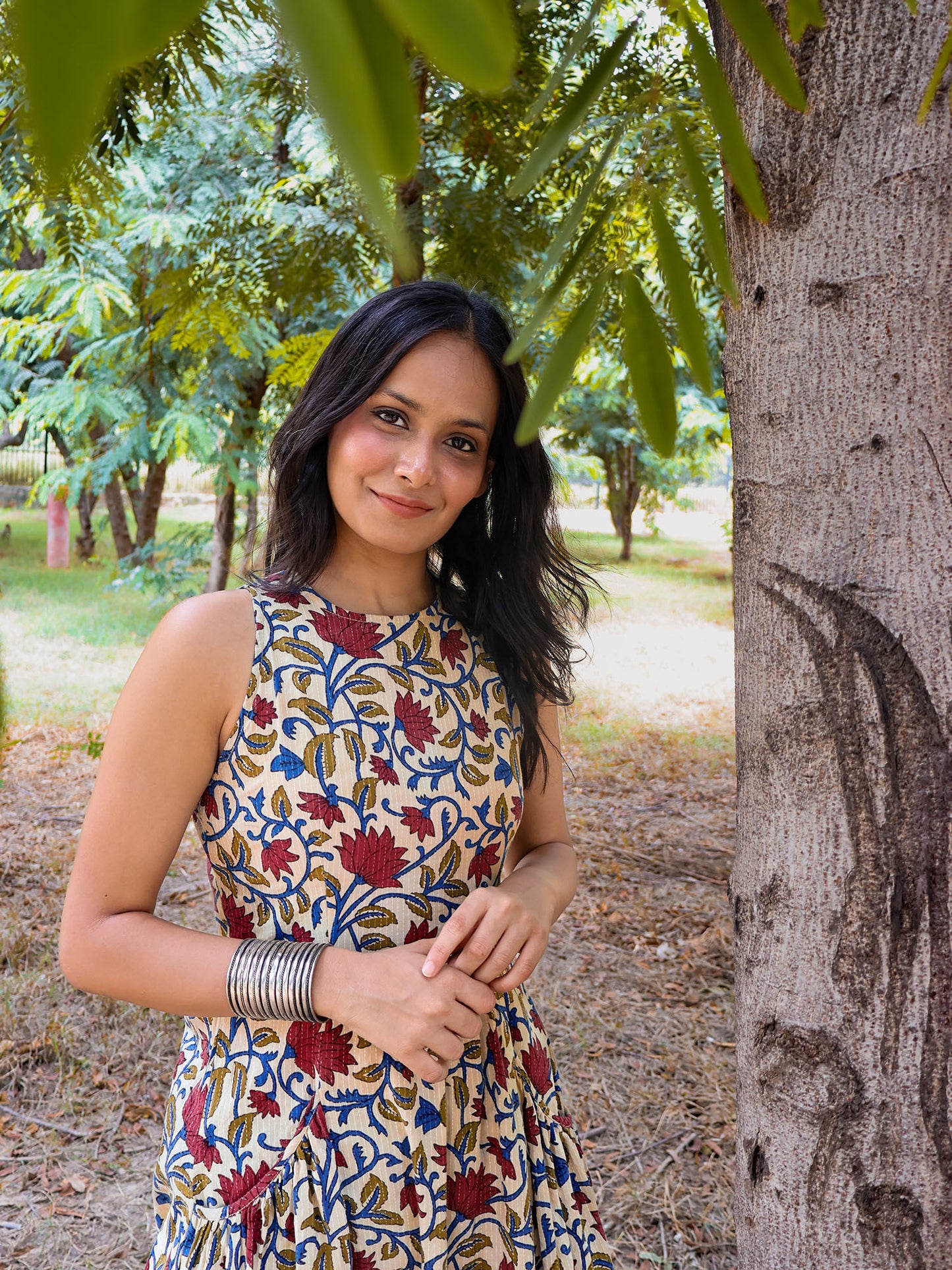 Printed Fit and Flare Cotton Midi Dress