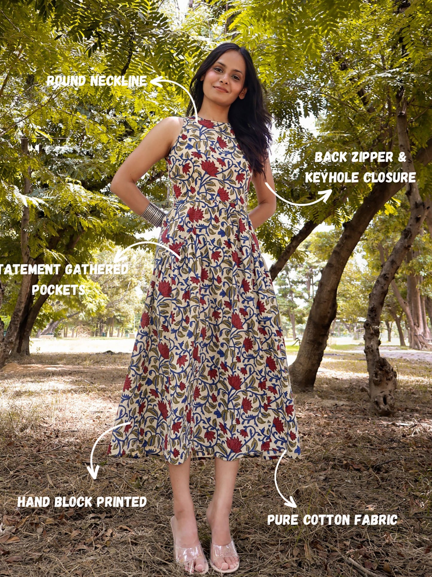 Printed Fit and Flare Cotton Midi Dress