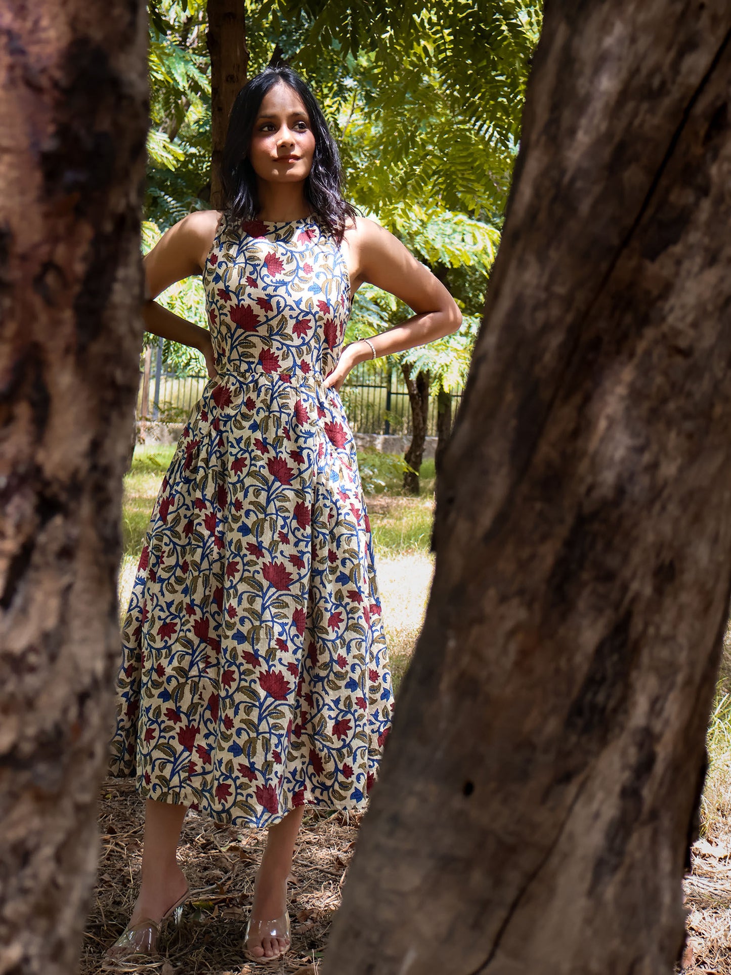 Printed Fit and Flare Cotton Midi Dress