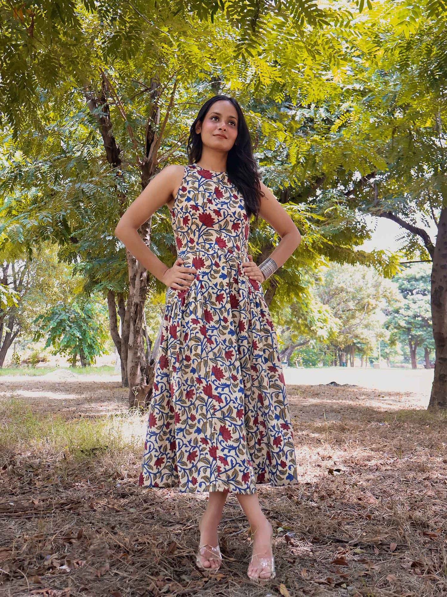 Printed Fit and Flare Cotton Midi Dress