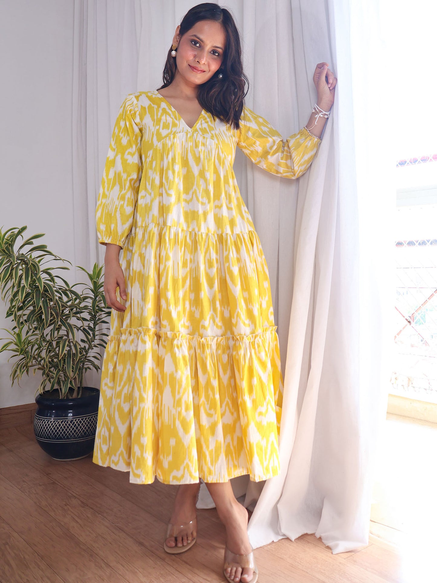Yellow Ikat Print Cotton Maxi Dress