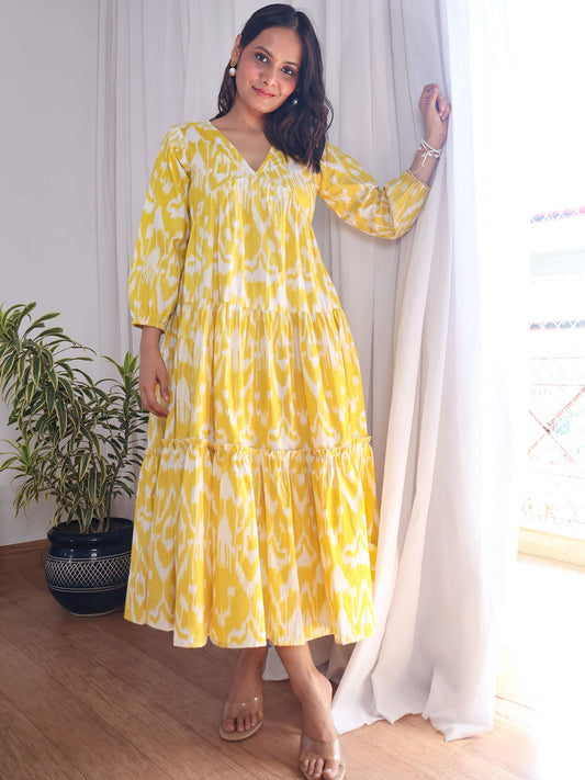 Yellow Ikat Print Cotton Maxi Dress