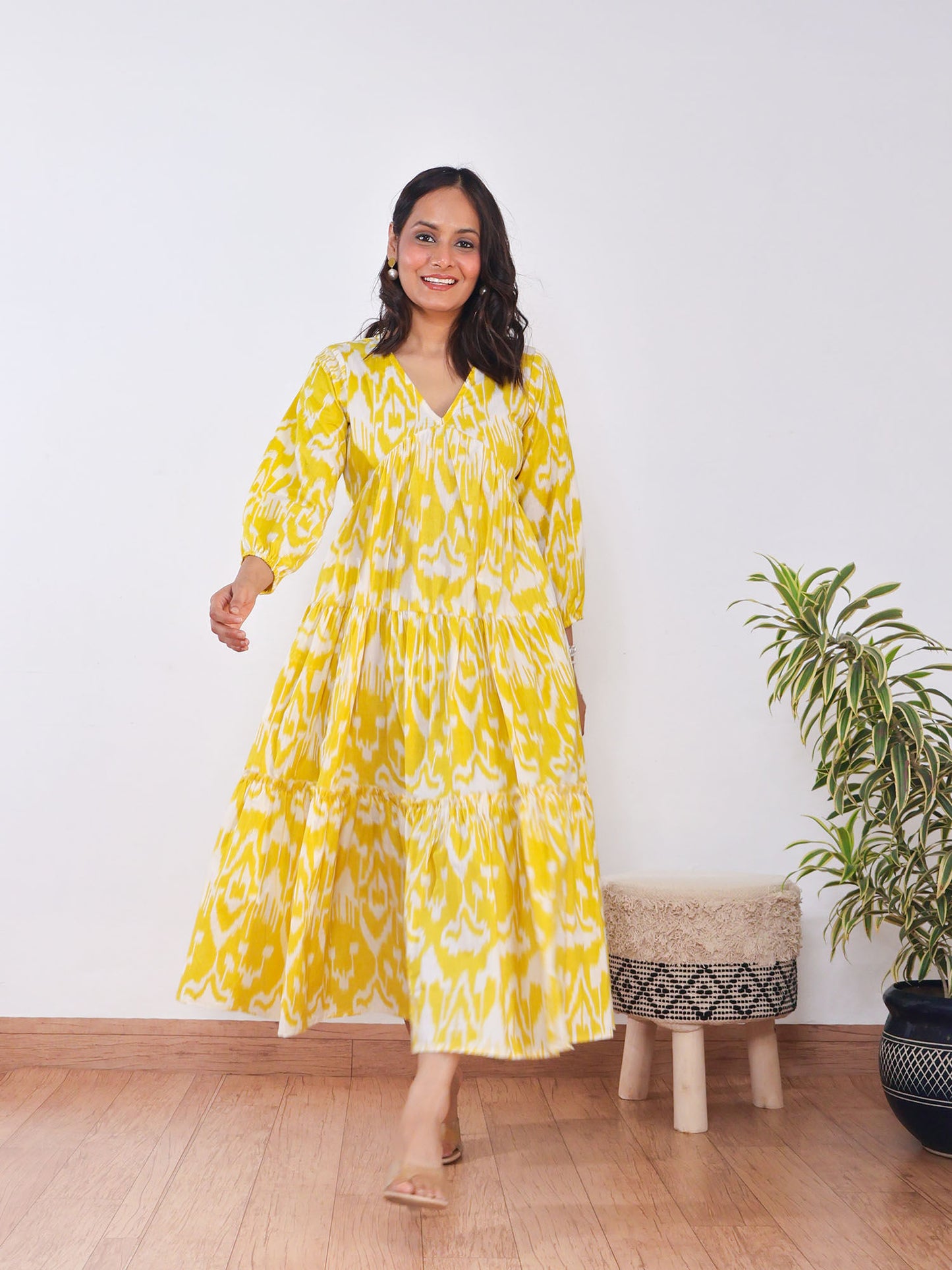 Yellow Ikat Print Cotton Maxi Dress