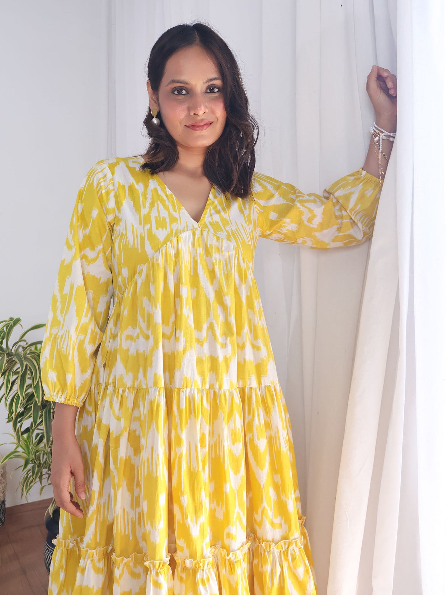 Yellow Ikat Print Cotton Maxi Dress