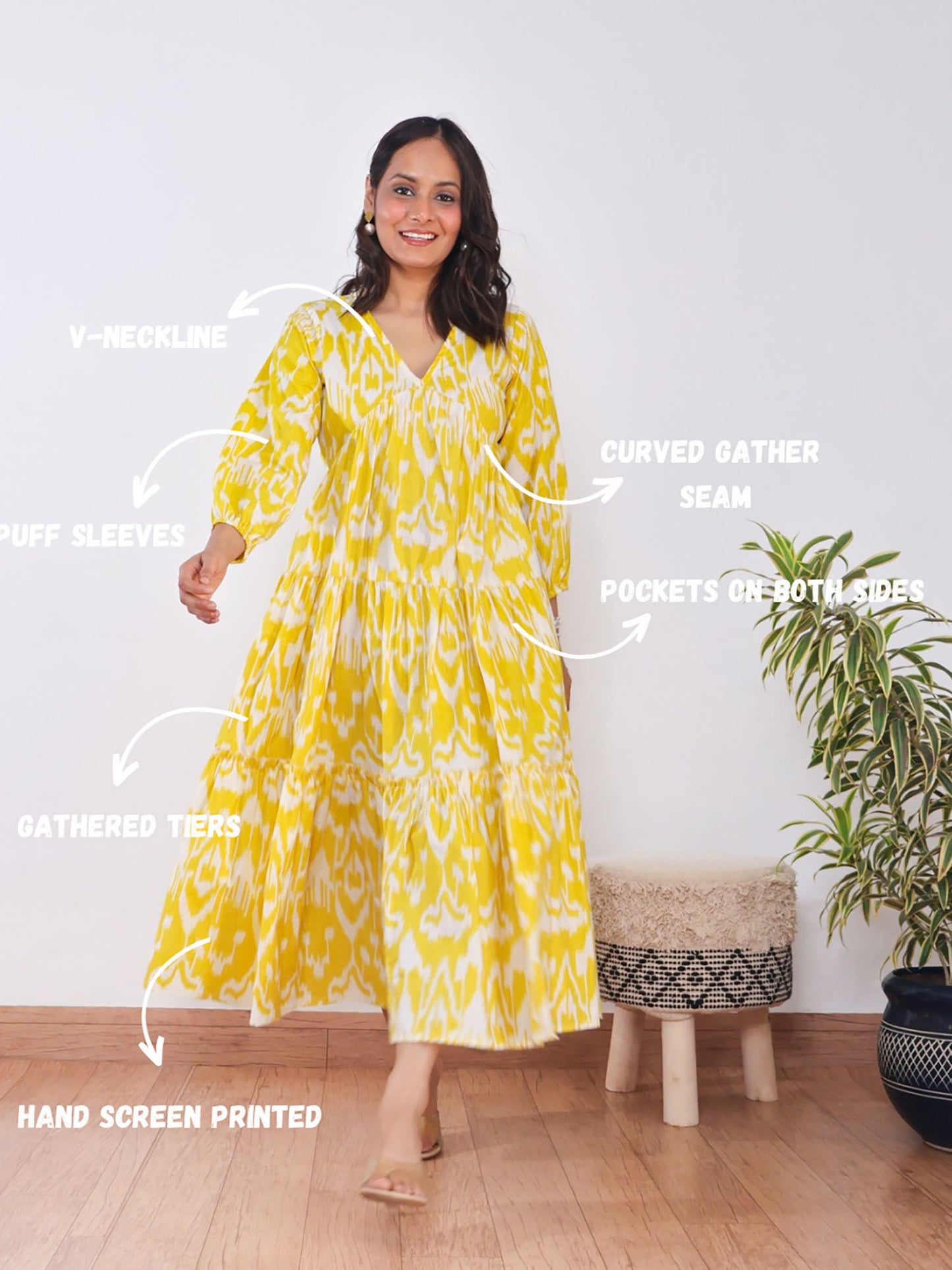 Yellow Ikat Print Cotton Maxi Dress