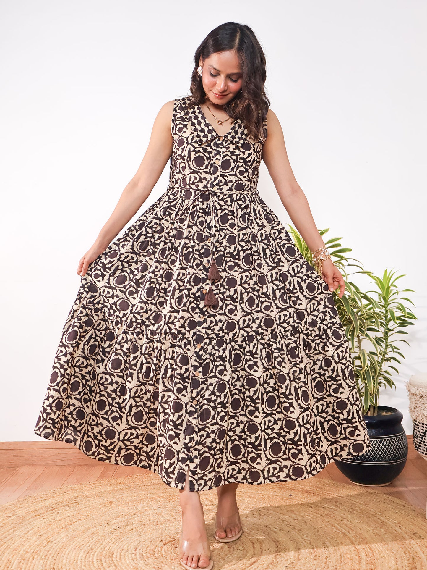 Charcoal Handblock Print Tiered Cotton Maxi Dress with Dori