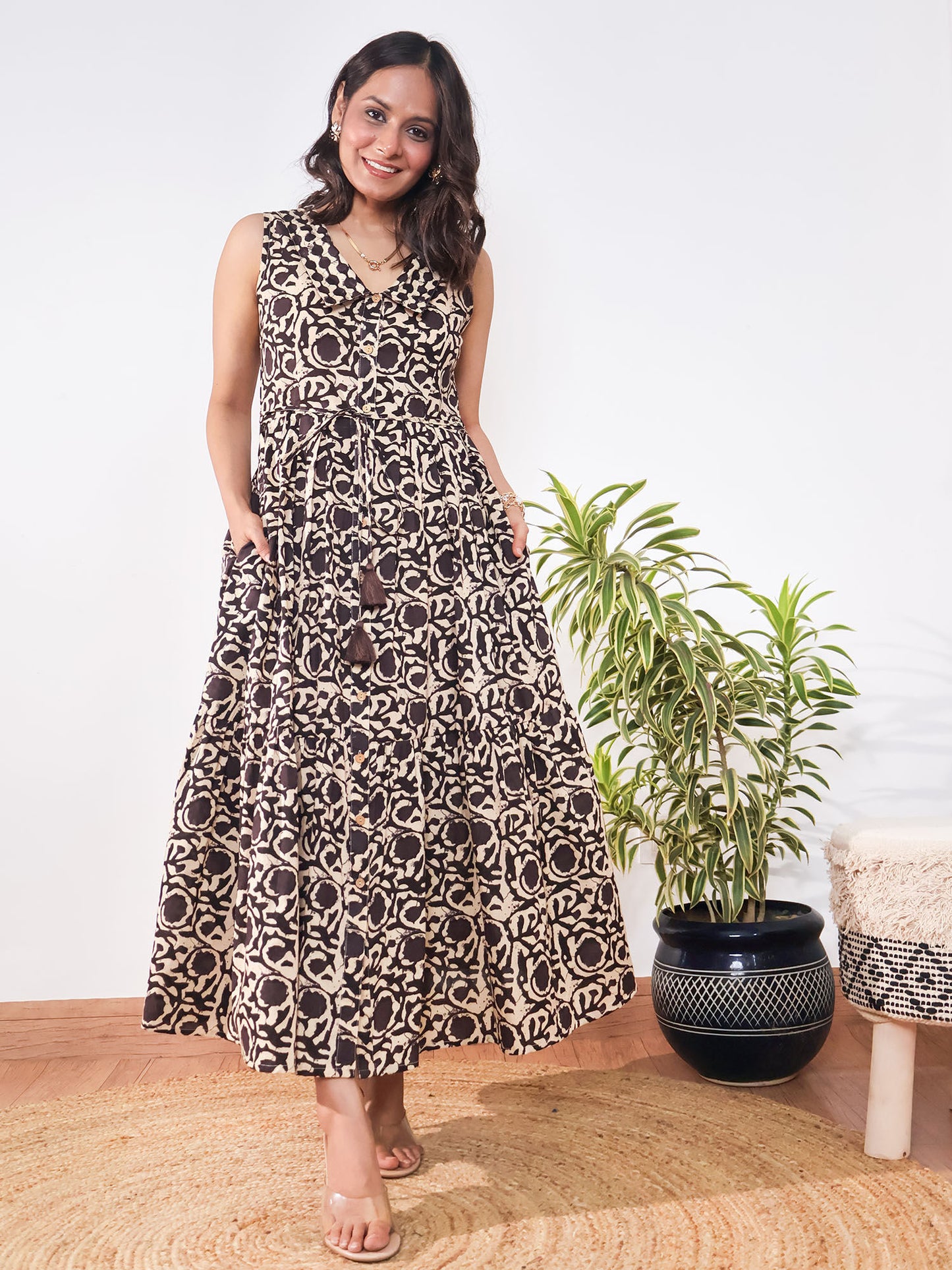 Charcoal Handblock Print Tiered Cotton Maxi Dress with Dori