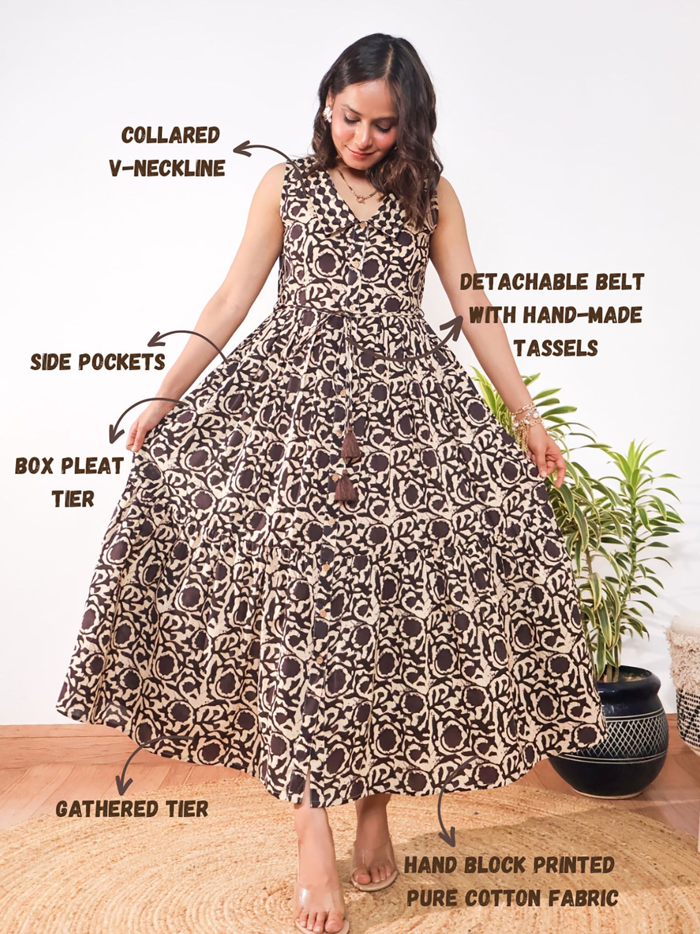Charcoal Handblock Print Tiered Cotton Maxi Dress with Dori