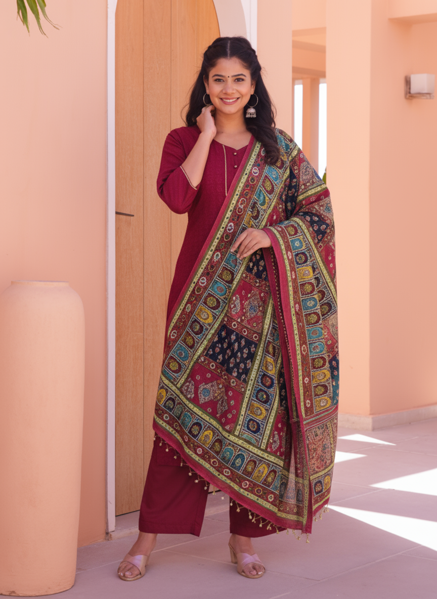 Embroidered Cotton SIlk A-line Kurta
