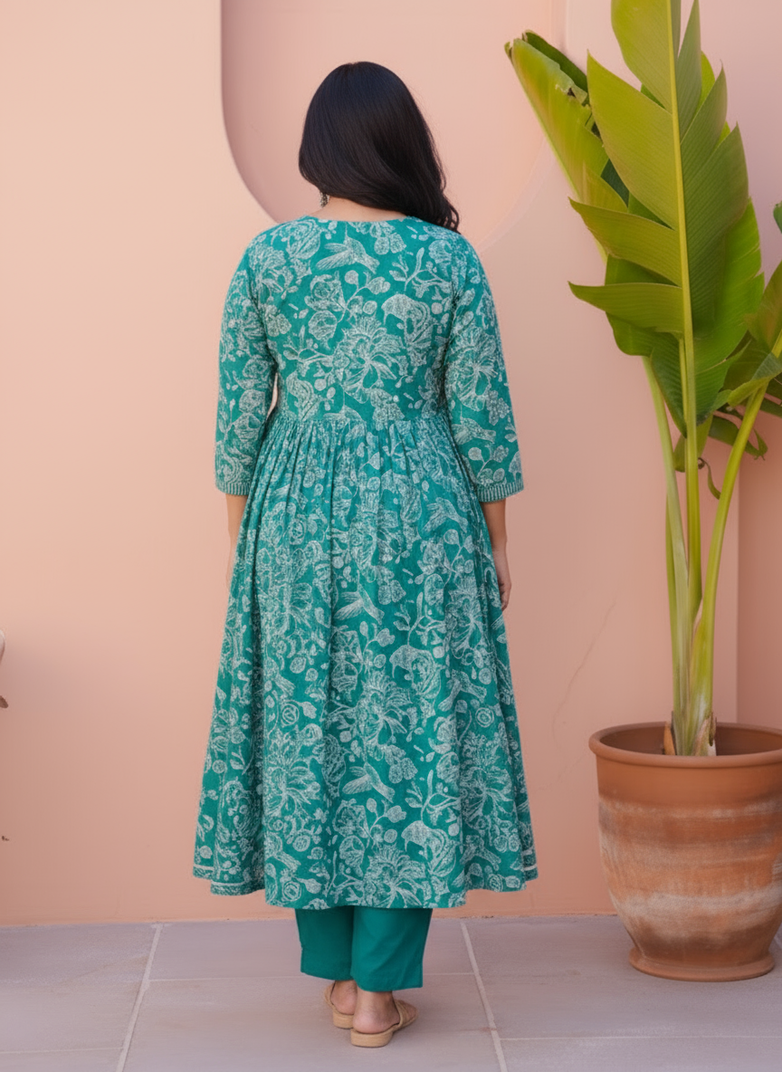 Embroidered Viscose Floral Flared Teal Kurta