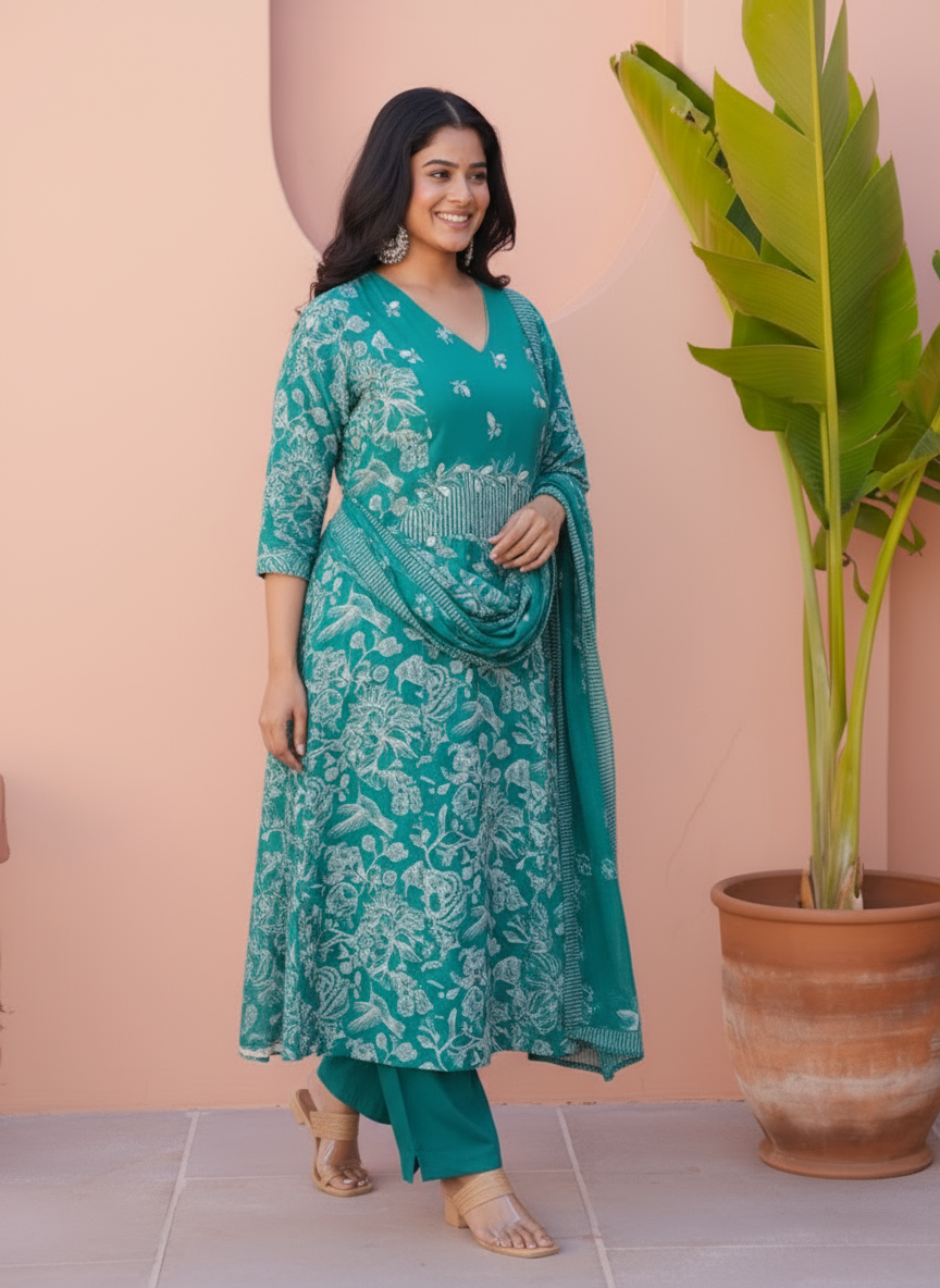 Embroidered Viscose Floral Flared Teal Kurta
