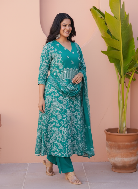 Embroidered Viscose Floral Flared Teal Kurta