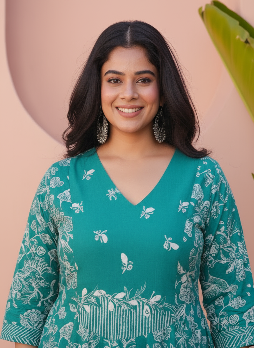 Embroidered Viscose Floral Flared Teal Kurta