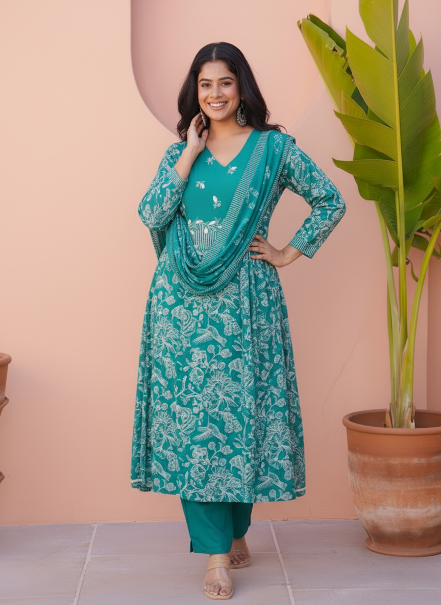 Embroidered Viscose Floral Flared Teal Kurta