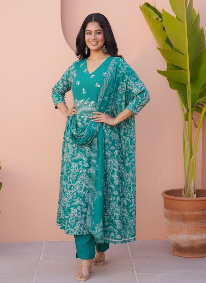 Embroidered Viscose Floral Flared Teal Kurta