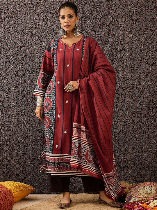 Indo Era Women Printed Regular Thread Work Pure Cotton Kurta with Trousers & With Dupatta
