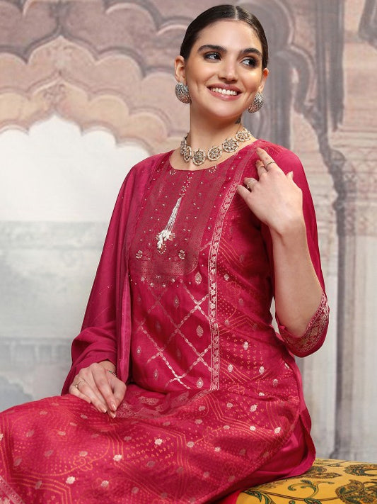Vishudh Red Ethnic Motifs Printed Pure Cotton Straight Kurta With Trousers & Dupatta