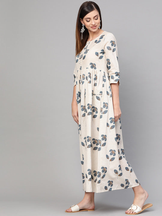 Idalia Women Off-White & Blue Floral Printed Maxi Dress
