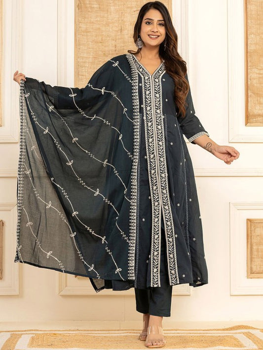 Yufta Alina Cut Embroidered Regular Thread Work Pure Cotton Kurta with Trouser & Dupatta