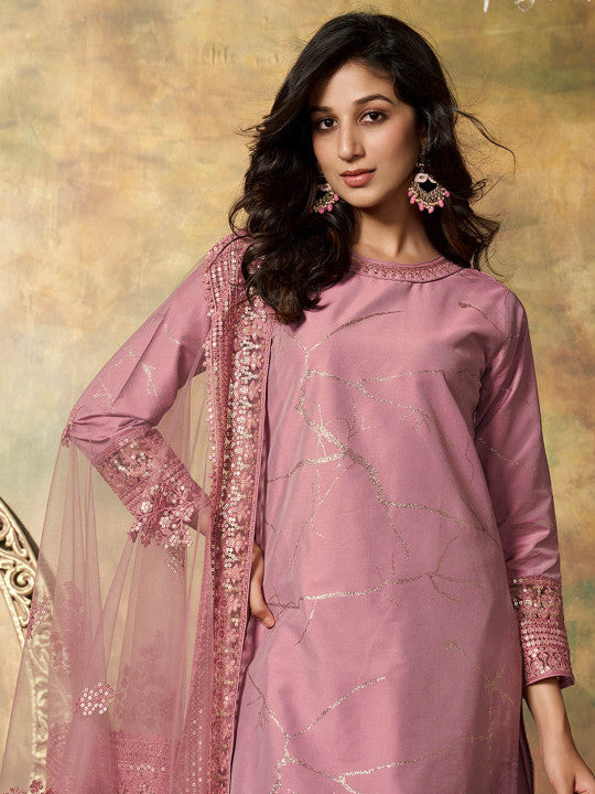Inddus Abstract Printed Regular Sequinned Pure Silk Kurta with Trousers & Dupatta