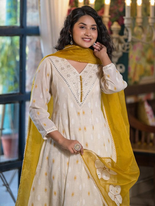 Aavanya Women Floral Regular Sequinned Pure Cotton Kurta with Trousers With Dupatta